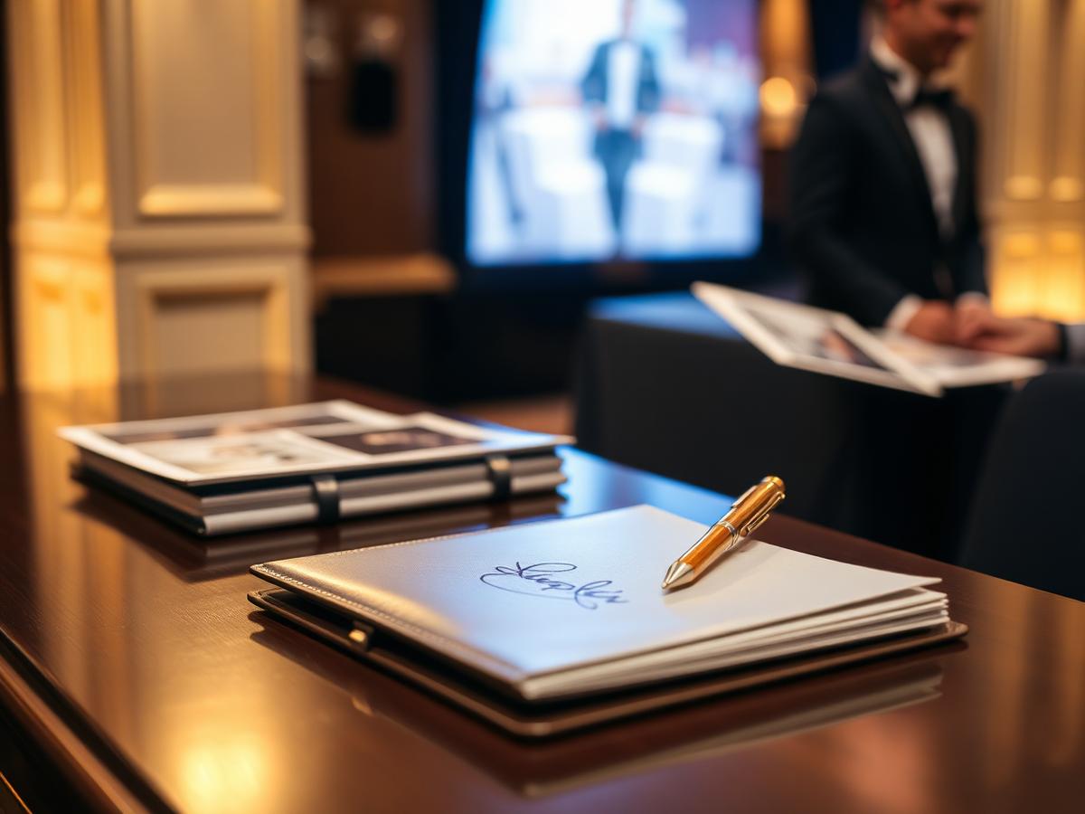 Autograph signing table with signed memorabilia and gold pen